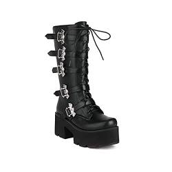 QZPM Damen Plateau Boots Gothic Hoch Blockabsatz Stiefeletten Runde Zehen Plateau Biker Stiefel,Black2,44 EU von QZPM