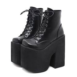 QZPM Damen Stiefeletten Gothic Plateau Stämmiger Absatz Punk Kampfstiefel Mit Schnürung,Schwarz,36 EU von QZPM