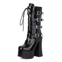 QZPM Plateau Combat Stiefeletten Mit Reißverschluss Blockabsatz Damen Gothic Punk Schnürstiefel Biker Stiefel,Black1,46 EU von QZPM