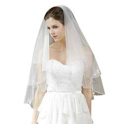 Brautschleier Braut Kapelle Schleier Perlen Deko Brautschleier Tüll Brautschleier mit Kamm Wedding Veil 2 Schicht Kurzer Schleier 80cm-100 cm lang Kathedrale Feintüll Weich Hochzeitsschleier Elegant von Qchomee