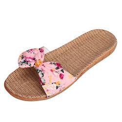 Damen Schlappen Flache Sandalen zuhause Badeslipper Badesandalen Leinen Strandschuhe Sommer Schuhe Pantoletten atmungsaktiv Schwarz/Dunkelblau/Pink Blumen mit rutschfest Weiche Sohle von Qchomee