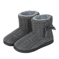 Hausschuhe Damen Hüttenschuhe Plüsch Warm Bequeme Flauschige Winterhausschuhe Gefüttert Hohe Hausschuhe Mit Schleife Strick Hausschuhe Stiefel Rutschfest Schuhe Weich Pantoffeln für Indoor Outdoor von Qchomee