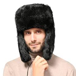 Qchomee Fliegermütze aus Kunstfell Pelzmütze Wintermütze Earflap Trapper Mütze Winter Warm Bombermütze Trappermütze Fellmütze Russenmütze Russische Skimütze für Herren Skating, Einheitsgröße, Schwarz von Qchomee