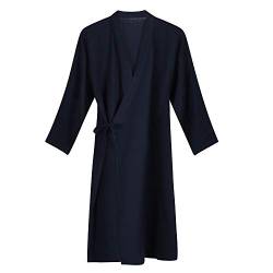 Qchomee Herren Kimono Männer Morgenmantel Casual Yukata V-Ausschnitt Schlafrock Langarm Schlafmantel Schlafshirt Baumwolle Bademantel, L, Navy von Qchomee