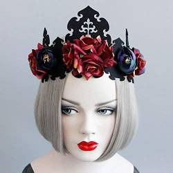 Rose Blume Stirnbänder Kopfschmuck Gothic Halloween Kostüm Vintage Haarkranz Haarreif mit Elastischer Gürtel Frauen Mädchen Haarschmuck Haarband Blumenkrone Haarspange für Hochzeit Braut von Qchomee