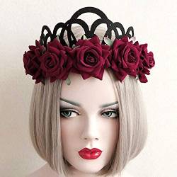 Rose Blume Stirnbänder Kopfschmuck Gothic Halloween Kostüm Vintage Haarkranz Haarreif mit Elastischer Gürtel Frauen Mädchen Haarschmuck Haarband Blumenkrone Haarspange für Hochzeit Braut von Qchomee