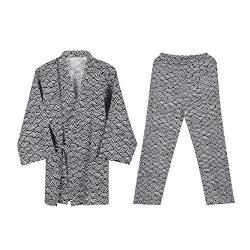 Unisex Yukata Pyjama Kimono Nachthemd Morgenmantel V-Ausschnitt Langarm Schlafmantel Paar Bademantel Jinbei Shirt Hose Japanische Kleidung Bequem Nachtwäsche Sleepwear mit Tasche (Schwarz) von Qchomee