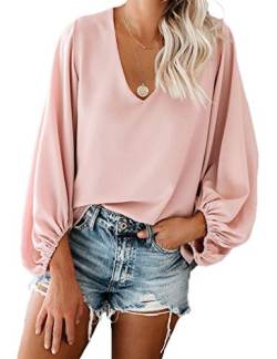 Damen Blusen mit V-Ausschnitt, Chiffon, locker Ärmel, Blumenmuster - Pink - Mittel von Qearal