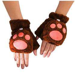 Qersh 1 Paare Katzenpfote Handschuhe Niedliche Cartoon Winter Handschuhe Warme Halbfinger Fausthandschuh Outdoor Fingerless Gloves Kunstpelz Plüsch Katzen Handschuhe für Frauen (J, Mit Fingerschutz) von Qersh