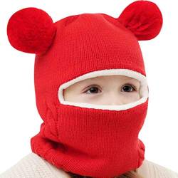 Qersh Baby Wintermütze Schal Schlupfmütze Warm Niedlich Bär Wintermütze Schalmütze Strickmütze mit Bommel Fleecefutter Beanie Mütze für 2-7 Jahre alt Baby (Rot, 2-7 Jahre alt) von Qersh