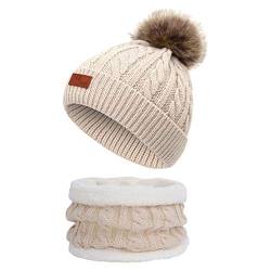 Qersh Baby Wintermütze Schal Schlupfmütze Warm Niedlich BärWintermütze Schalmütze Strickmütze mit Bommel Fleecefutter BeanieMütze Baby (S01, 2-7 Jahre alt) von Qersh