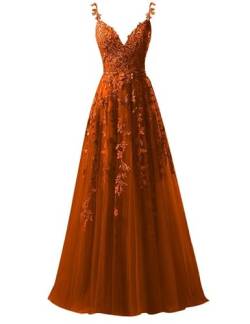 Ballkleider Damen Lang Tüll Abendkleider A-Linie Abiballkleid Spitzen Applikationen Festliche Partykleider Gebranntes Orange 36 von Qhdeikd