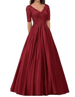 Qhdeikd Abendkleider Damen Lang Hochzeitsgast Kleid mit Ärmel Spitze Elegant Brautmutterkleid Große Größen Festkleid Burgund 44 von Qhdeikd