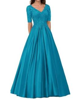 Qhdeikd Abendkleider Damen Lang Hochzeitsgast Kleid mit Ärmel Spitze Elegant Brautmutterkleid Große Größen Festkleid Meerblau 42 von Qhdeikd