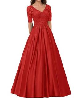 Qhdeikd Abendkleider Damen Lang Hochzeitsgast Kleid mit Ärmel Spitze Elegant Brautmutterkleid Große Größen Festkleid Rot 44 von Qhdeikd