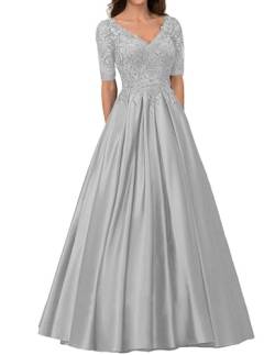 Qhdeikd Abendkleider Damen Lang Hochzeitsgast Kleid mit Ärmel Spitze Elegant Brautmutterkleid Große Größen Festkleid Silber 44 von Qhdeikd