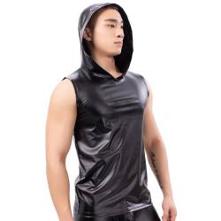 Herren Kunstleder Tank Top Unterhemd Wetlook Kapuzen ärmellose Weste Muscle Shirt Clubwear M von QiaTi