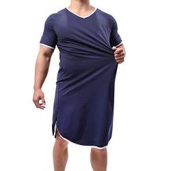 QiaTi Herren Nachthemd Baumwolle Nachtwäsche Bequemes Big V-Ausschnitt Pyjama Kurzarm Soft Loose Sleep Shirt (Marine, Medium) von QiaTi