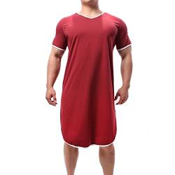 QiaTi Herren Nachthemd Baumwolle Nachtwäsche Bequemes Big V-Ausschnitt Pyjama Kurzarm Soft Loose Sleep Shirt (Rot, Medium) von QiaTi