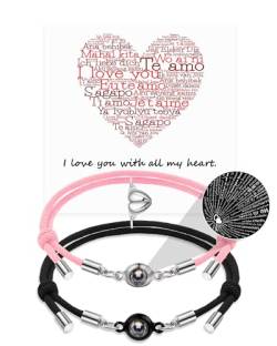 QianSiLi Paar Armbänder, Ich liebe dich in 100 Sprachen Projektion Armband, einstellbar, Paar Geschenke für ihn sie Freund Freund, Jahrestag Geschenk Geburtstag Valentinstag (Rosa+Schwarz) von QianSiLi