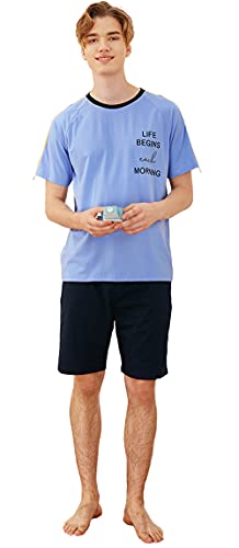 QianXiu Schlafanzug Herren Kurz Männer Pyjama Set Sommer Herren Shorty Kurzarm Zweiteilige Kurze Nachtwäsche für Männer S-XXL Blau, M von QianXiu