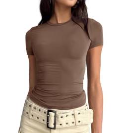 Qianderer Damen Basic T-Shirts Stretch Eng Kurzarm Crop Tops Niedlich Sommer Sommer Tops Slim Fit Tees Tops Y2k Kleidung, Bc Brown, Small von Qianderer