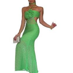 Qianderer Damen Strickkleid, Neckholder, schmale Passform, ausgehöhlter Ausschnitt, ärmellos, durchsichtig, 3D-Blume, einfarbig, langes Kleid für Party, Club, grün, Medium von Qianderer