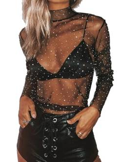 Qianderer Women Sheer Mesh Tops Long Sleeve See Through Glitter Sequin Tops Sexy Turtleneck Blouse Clubwear T Shirts (Ba Black, S) von Qianderer