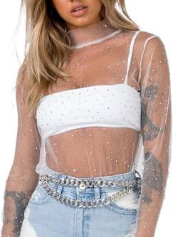 Qianderer Women Sheer Mesh Tops Long Sleeve See Through Glitter Sequin Tops Sexy Turtleneck Blouse Clubwear T Shirts (Ba White, L) von Qianderer