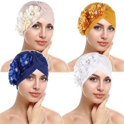 Qianmome Damen-Turban mit Pailletten, elegant, muslimische Beanie, Kopfwickel, Chemo-Kappe, 4 x DD-Design, Einheitsgröße von Qianmome