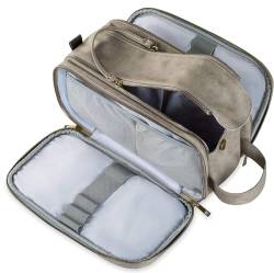 Qiaogle Wasserabweisende Kulturtasche, Reisetasche, Leder, Dopp Kit, Badezimmer, Fitnessstudio, Toilettenartikel, Wasch-Organizer, große Reise-Make-up-Tasche für Damen und Herren, grau, Kulturbeutel von Qiaogle