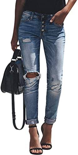 Damen Jeanshosen Damen Skinny Slim Fit Strecken Röhrenjeans Schlank Stylische Boyfriend Jeans Zerrissene Destroyed Jeans Hose mit Löchern Lässige (L) von Qichenx