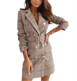 Qichenx Blazer Kleid Damen Elegant Business Blazer Gitter Kleider Anzug Zweireihig Langarm V-Ausschnitt Bodycon Minikleid mit Knopf Mode Jacke Mantel (khaki, XL) von Qichenx