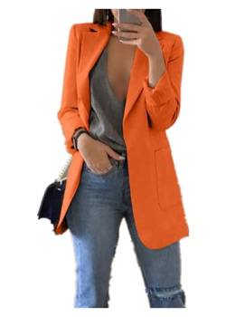 Qichenx Damen Elegant Langarm Blazer Sakko Cardigan Temperament Anzugjacke Einfarbig Slim Fit Revers Geschäft Büro Jacke Kurz Mantel Anzüge Bolero mit Tasche (Orange, M) von Qichenx