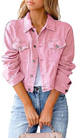 Qichenx Damen Jeansjacke Reverskragen Kurz Lässig Denim Jacket mit Knöpfen Stretch Jacke Sommer Frühling Mantel Jeansjacke, Streetwear (Rosa, L) von Qichenx