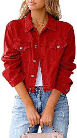 Qichenx Damen Jeansjacke Reverskragen Kurz Lässig Denim Jacket mit Knöpfen Stretch Jacke Sommer Frühling Mantel Jeansjacke, Streetwear (Rot, S) von Qichenx