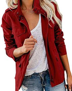 Qichenx Damen Übergangsjacke Parka Stehkragen Mehr Taschen Utility Jacket Leicht Sommerjacke Boyfriend (Rot, L) von Qichenx