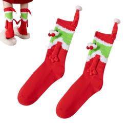 Hand hält Weihnachtssocken - Magnetische Mid-Tube-Socken mit 3D-Augen - Lustige Freundschafts-Hand-in-Hand-Socken, bequeme rote Weihnachtssocken für Damen und Herren, Paare und Freunde Qikam von Qikam
