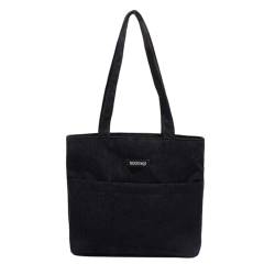 Qilmal Shopper Cord Tasche Einkaufstasche Große Kapazität Handtasche Umhängetasche Einfarbig Trendy Taschen Schultasche für Mädchen Frauen, Schwarz von Qilmal