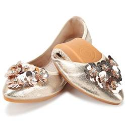 QIMAOO Damen Ballerinas Pumps Faltbare Ballerinas Schuhe für Frauen Damen Flache Schuhe Roll Up Schuhe Slip on Dolly Schuhe, Pailletten Gold, 40 EU von Qimaoo