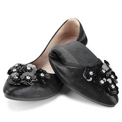 QIMAOO Damen Ballerinas Pumps Faltbare Ballerinas Schuhe für Frauen Damen Flache Schuhe Roll Up Schuhe Slip on Dolly Schuhe, Pailletten schwarz, 41 EU von Qimaoo