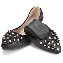 QIMAOO Damen Ballerinas Pumps Faltbare Ballerinas Schuhe für Frauen Damen Flache Schuhe Roll Up Schuhe Slip on Dolly Schuhe, Schwarz mit Gänseblümchen, 41 EU von Qimaoo