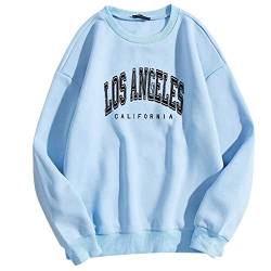 Damen Los Angeles California Letter Print Teenager Mädchen Casual Oberteile Loose Pullover Lässiges Sweatshirt Übergroßer Hip Hop Farbblock Pullover Herbst Winter Oberteile,Light Blue,L von QinCo