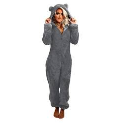 Damen Jumpsuit Teddy Fleece Einteiler Schlafoverall Pyjama Overall Flauschig Onesie Warm Strampelanzug Nachtwäsche Loungewear Jumpsuit, Onesie Hoodie Einteiler Schlafanzug, Warm (6-Dark Gray, XL) von QinMMSPORTS