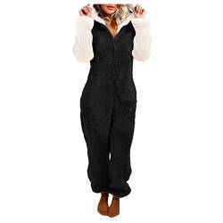 Damen Jumpsuit Teddy Fleece Einteiler Schlafoverall Pyjama Overall Flauschig Onesie Warm Strampelanzug Nachtwäsche Loungewear Jumpsuit, Onesie Hoodie Einteiler Schlafanzug, Warm Plusch (2-Black, L) von QinMMSPORTS