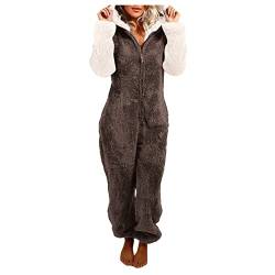 Damen Jumpsuit Teddy Fleece Einteiler Schlafoverall Pyjama Overall Flauschig Onesie Warm Strampelanzug Nachtwäsche Loungewear Jumpsuit, Onesie Hoodie Einteiler Schlafanzug, Warm Plusch (2-Brown, S) von QinMMSPORTS