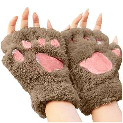 Damen Mädchen Katzenklauen Handschuhe Plusch Handschuhe Halbfinger Handschuhe BärentatzenHandschuhe Niedliche Cartoon-warme Handschuhe Fleece-Halfter-Handschuhe Tier-Handschuhe (A5-Coffee, One Size) von QinMMSPORTS