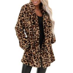 Damen Mäntel mit Taschen Leopard Cardigan Winterjacke Jacke Cardigan Damen Plüschjacke Langarmshirt Wintermantel ReversFaux Lose Langarm Outwear Damen Kunstpelz Lang Plüschmantel (Brown, XXXXL) von QinMMSPORTS