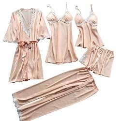 Damen Pyjama Set 5 Stück Set Satin Nachthemd Shorts Schlafanzug Spitze Nachtwäsche Sexy Seiden Nachtkleid Negligee Robe (Beige, S) von QinMMSPORTS