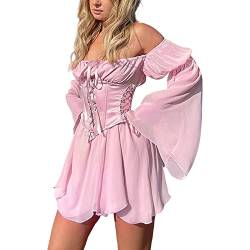 Damen Rüschenkleid mit Langen Puffärmeln integrierten Shorts schulterfrei Stufenrock Chiffon als Freizeitkleidung Sommerkleid Swing Kleid Skaterkleid A-Linien Kleid (Z03-Pink, M) von QinMMSPORTS